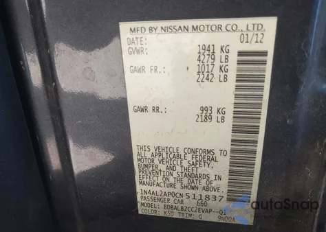 2012 Nissan Altima 2.5 S from USA, damaged, VIN 1N4AL2AP0CN511837
